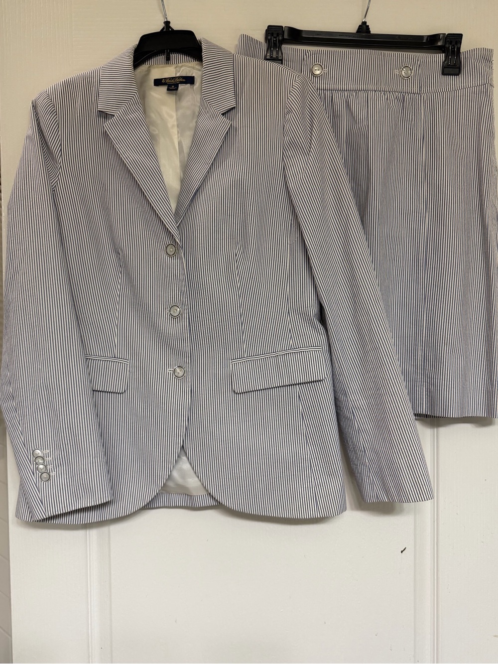 Brooks Brothers Seersucker Skirt Suit Sz 8 Navy Stripe Stellita Fit NWOT